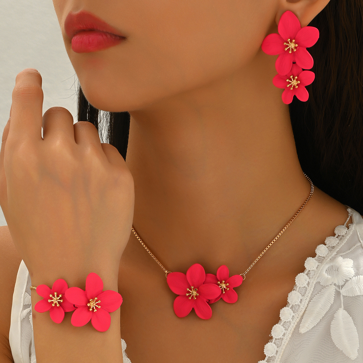 Women's Summer 3pcs Flower Collar Necklace & Earrings Set